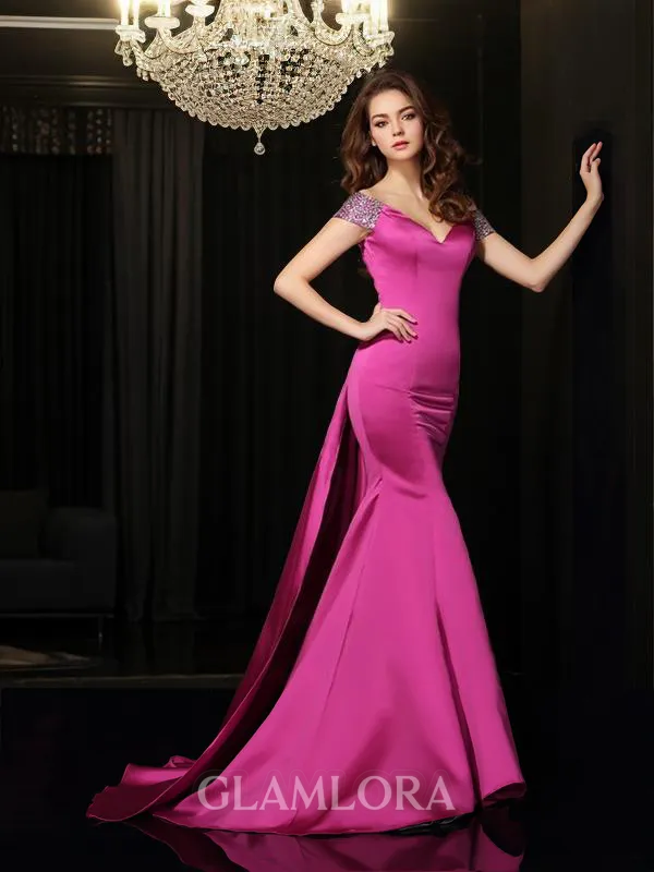 Trumpet/Mermaid Off-the-Shoulder Sleeveless Fitted Court Train Satin Dress With Beading