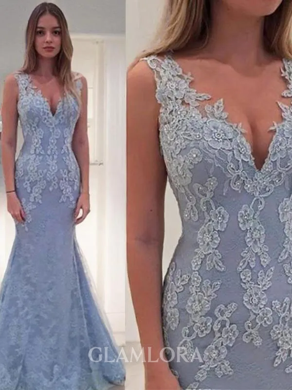 Trumpet/Mermaid V-Neck Sleeveless Dramatic Sweep Train Lace Dress With Applique