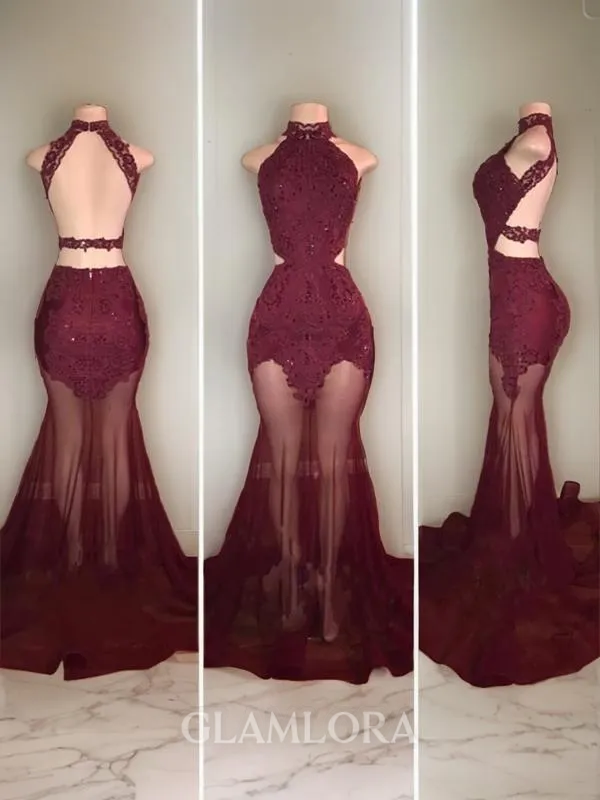 Trumpet/Mermaid Halter Sleeveless Court Train Tulle Striking Dress With Applique
