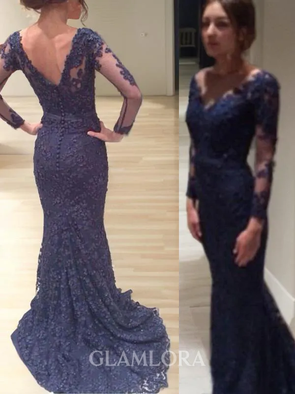 Trumpet/Mermaid V-Neck Long Sleeves Sensual Sweep Train Lace Dress With Applique