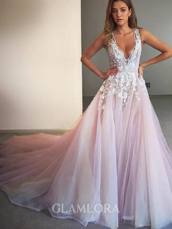 A-line Princess V-Neck Sleeveless Sweep Train Fashion Tulle Dress With Applique
