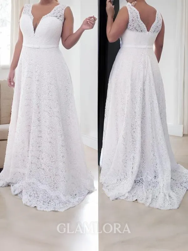 A-line V-Neck Sleeveless Classic Sweep Train Lace Dress With Lace