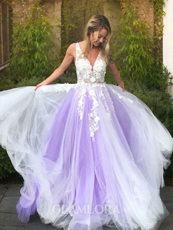 A-line Princess V-Neck Stylish Sleeveless Sweep Train Tulle Dress