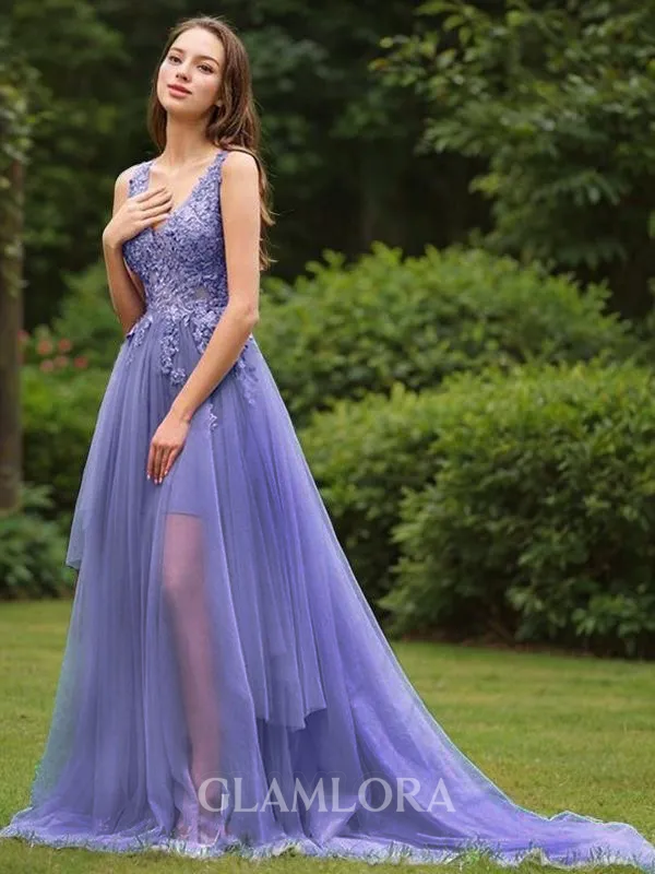 A-line Princess V-Neck Sleeveless Sweep Train Chic Tulle Corset Dress