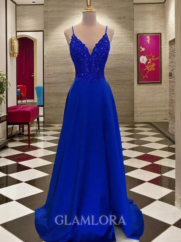 A-line Dreamy V-Neck Sleeveless Sweep Train Satin Dress