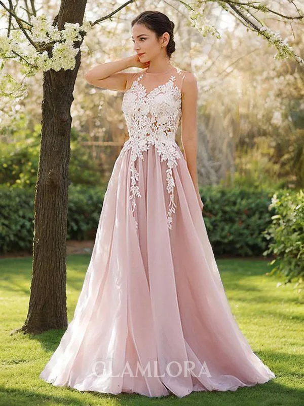 A-line Princess Jewel Sleeveless Floor-Length Feminine Tulle Dress With Applique