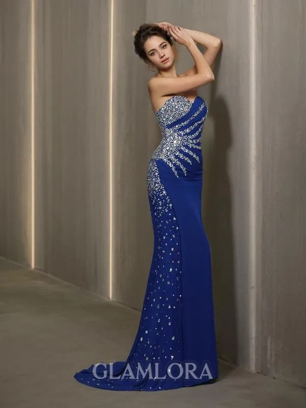Trumpet/Mermaid Fitted Sweetheart Sleeveless Court Train Chiffon Dress With Rhinestone