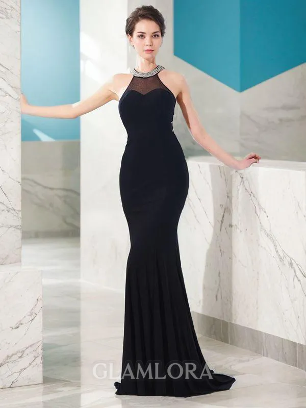 Sheath/Column Fashion Jewel Sleeveless Sweep Train Jersey Dress With Beading