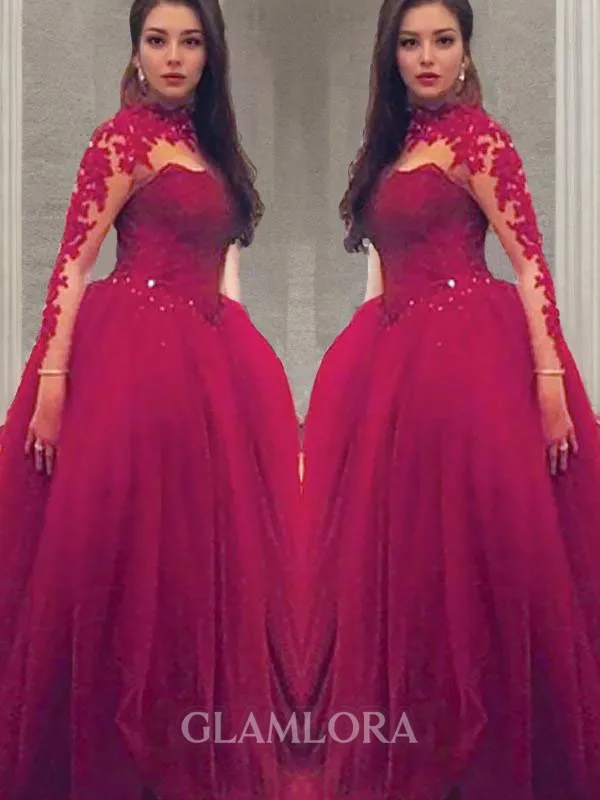 Regal Ball-Gown Princess High Neck Long Sleeves Floor-Length Tulle Dress With Applique