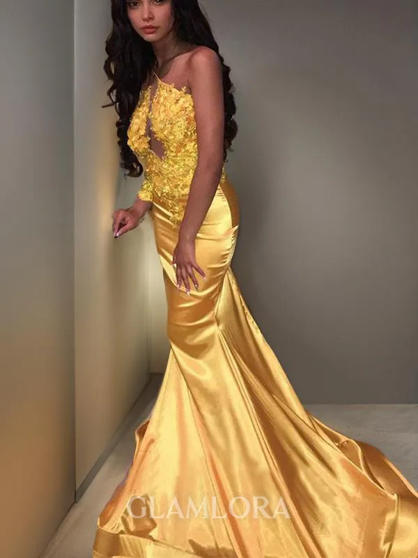 Trumpet/Mermaid Striking Strapless Sleeveless Court Train Satin Dress With Applique