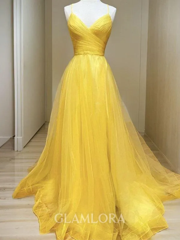 A-line Princess Timeless V-Neck Sleeveless Sweep Train Tulle Dress
