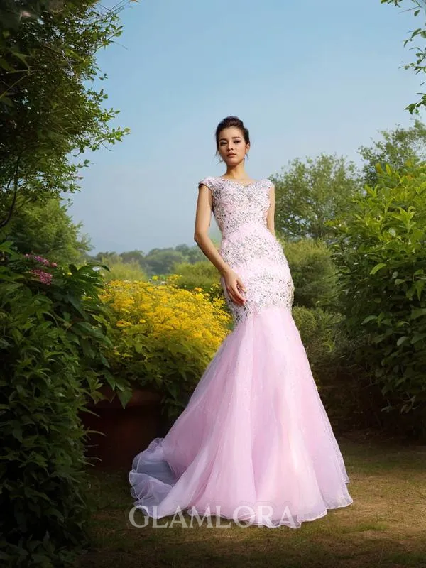 Trumpet/Mermaid V-Neck Sleeveless Court Train Satin Graceful Dress With Beading