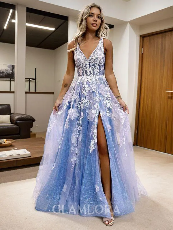 A-line Princess V-Neck Sleeveless Sweep Train Exquisite Tulle Dress With Slit