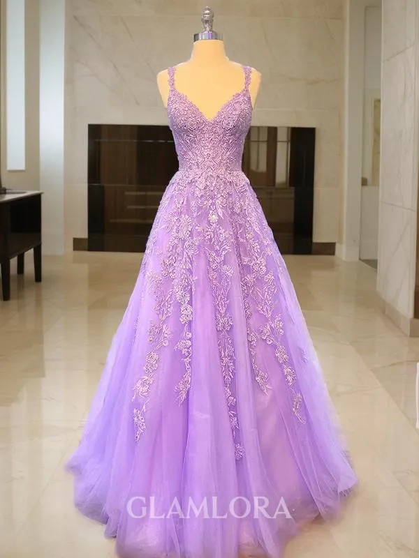 A-line Princess V-Neck Sleeveless Glam Sweep Train Tulle Dress