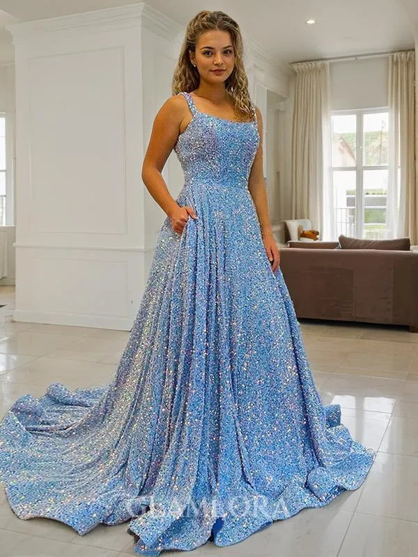 A-line Dazzling Straps Sleeveless Court Train Velvet Sequins Dress