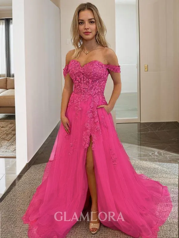 A-line Princess Off-the-Shoulder Sleeveless Subtle Court Train Tulle Corset Dress