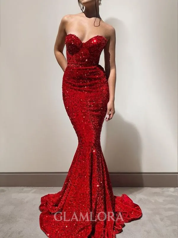 Trumpet/Mermaid Sweetheart Sleeveless Court Train Velvet Sequins Coruscating Dress
