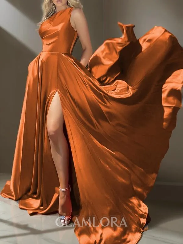 A-line One-Shoulder Fashion Sleeveless Sweep Train Silk like Satin Dress