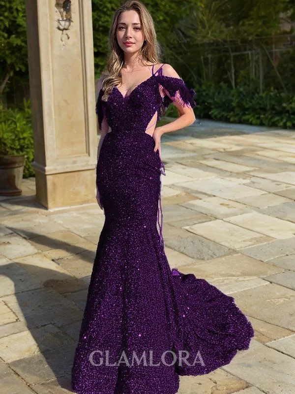 Sheath/Column Shimmery V-Neck Sleeveless Court Train Velvet Sequins Dress