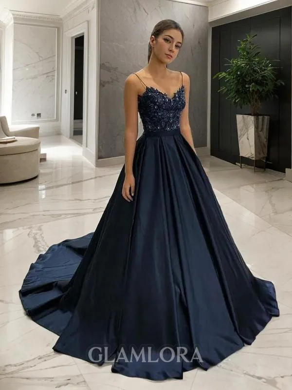 A-line V-Neck Sleeveless Classic Sweep Train Satin Corset Dress