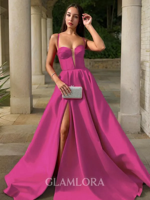 A-line Spaghetti Straps Sleeveless Sweep Train Satin Chic Dress