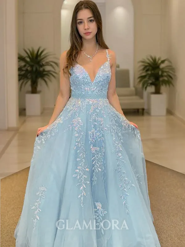 A-line Princess V-Neck Sleeveless Sweep Train Tulle Feminine Dress