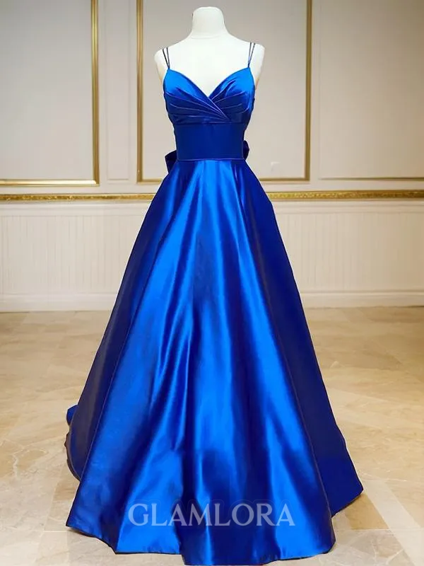A-line V-Neck Sleeveless Court Train Satin Trendy Dress