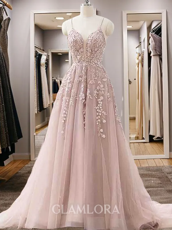 A-line Princess Modest V-Neck Sleeveless Sweep Train Tulle Dress