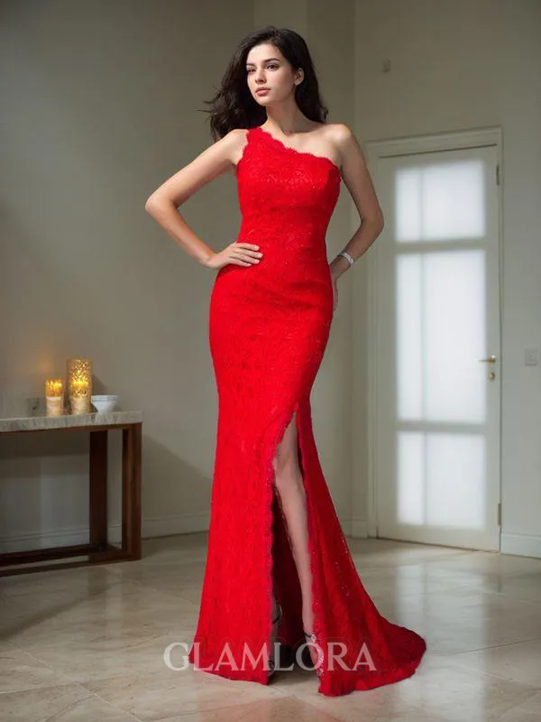 Trumpet/Mermaid One-Shoulder Sleeveless Sweep Train Exquisite Lace Dress