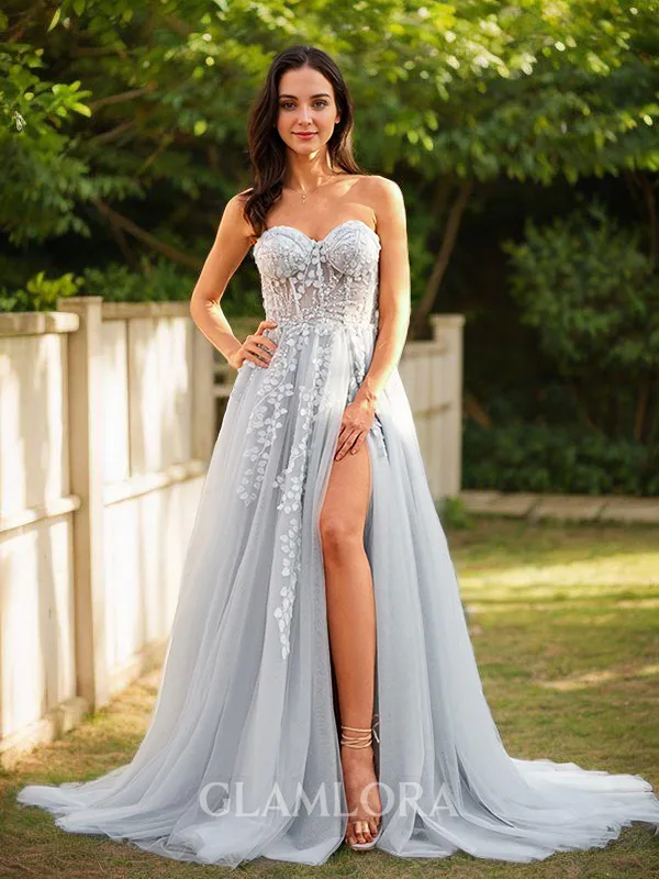 A-line Sweetheart Graceful Sleeveless Court Train Tulle Dresses