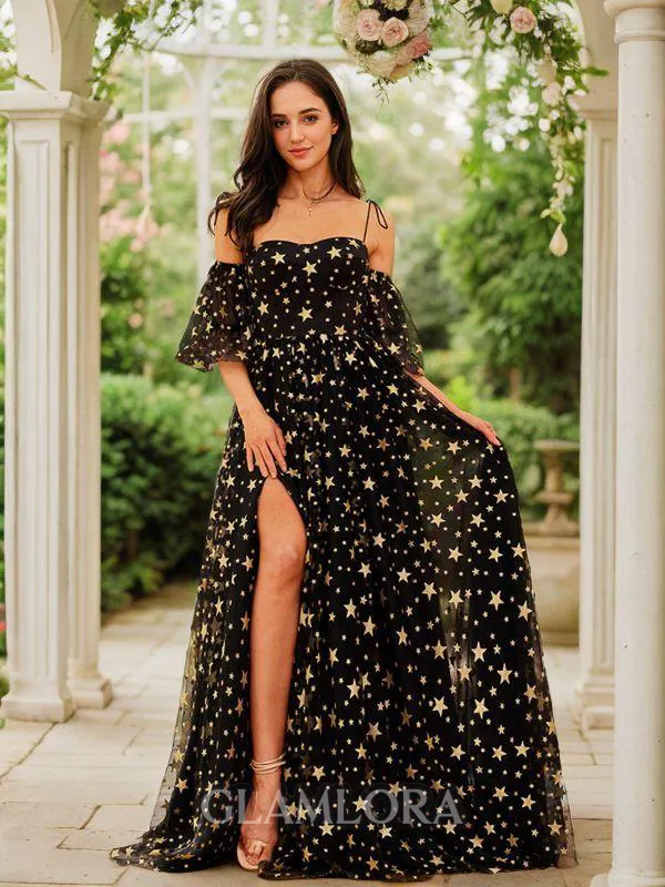 A-line Spaghetti Straps Dreamy Short Sleeves Court Train Lace Dresses