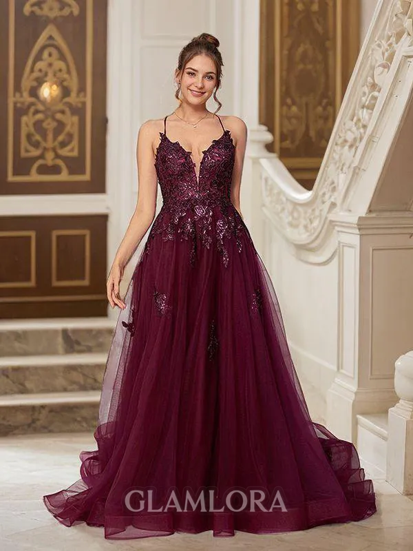 A-line V-Neck Fashion Sleeveless Court Train Tulle Dresses