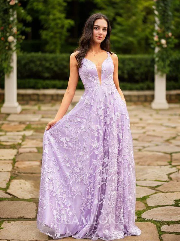 A-line V-Neck Classic Sleeveless Sweep Train Lace Dresses