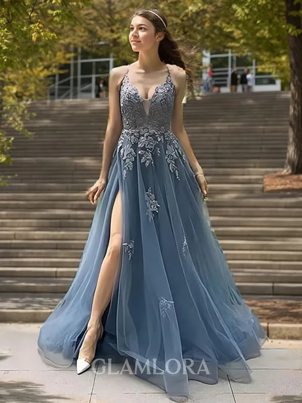 Princess A-line Tulle V-neck Sweep Train Dress With Slit