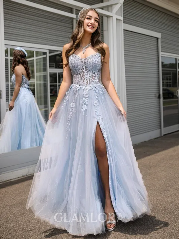 A-line Princess Tulle Straight Long Sleeves Floor-Length Corset Dress With Slit