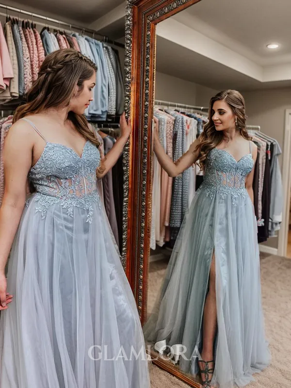 Princess A-line Tulle V-neck Court Train Corset Dress With Slit