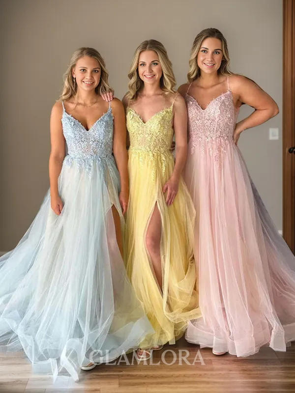 Princess A-line Tulle V-neck Court Train Corset Dress With Slit