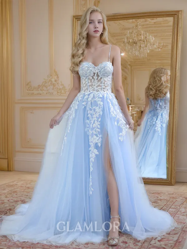 Princess A-line Tulle Spaghetti Straps Court Train Corset Dress With Slit