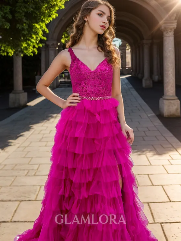 A-line Princess Tulle V-neck Sweep Train Dress With Slit