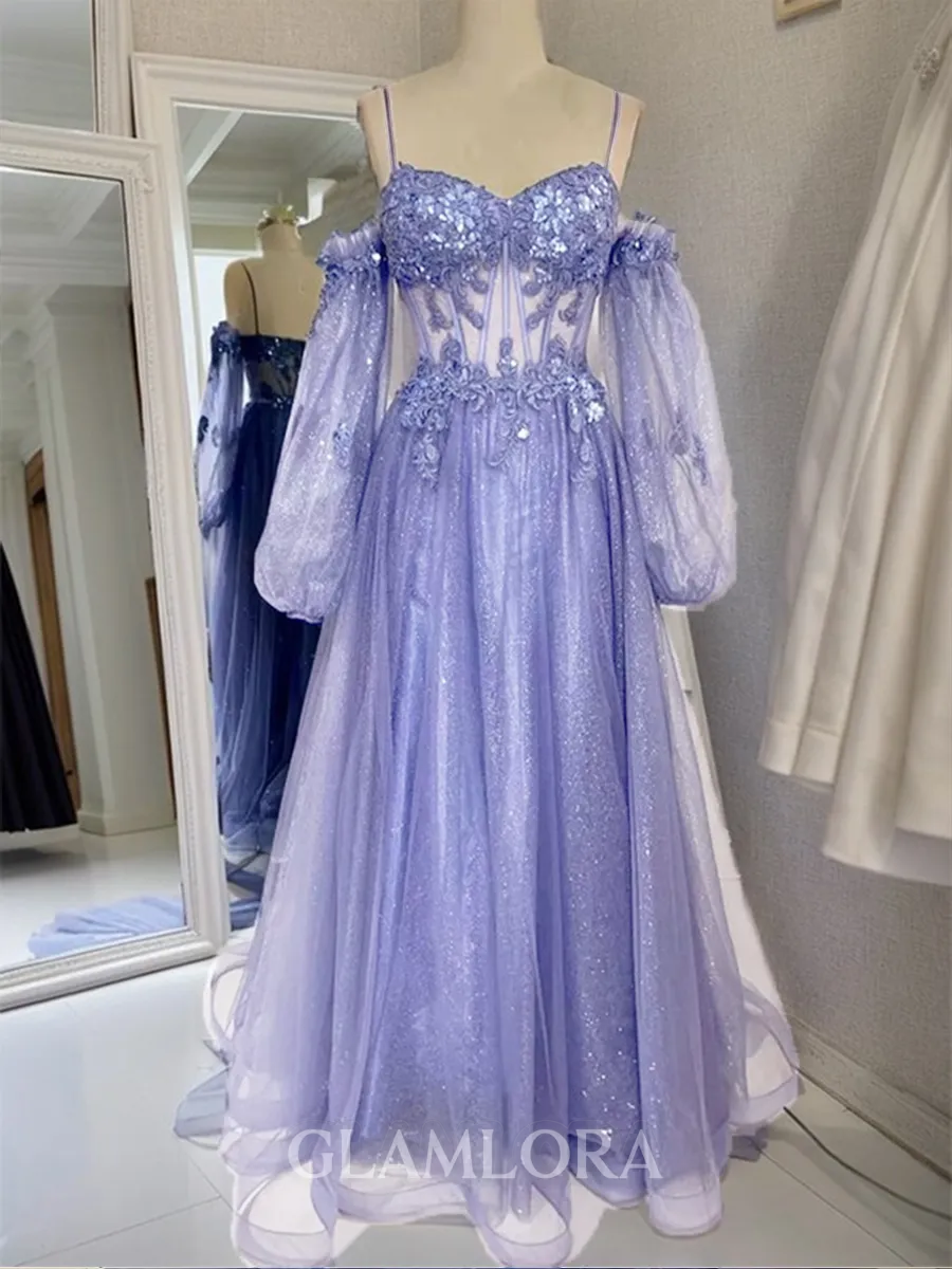Chic A-line Spaghetti Straps Long Sleeves Court Train Tulle Corset Dress With Appliques Lace