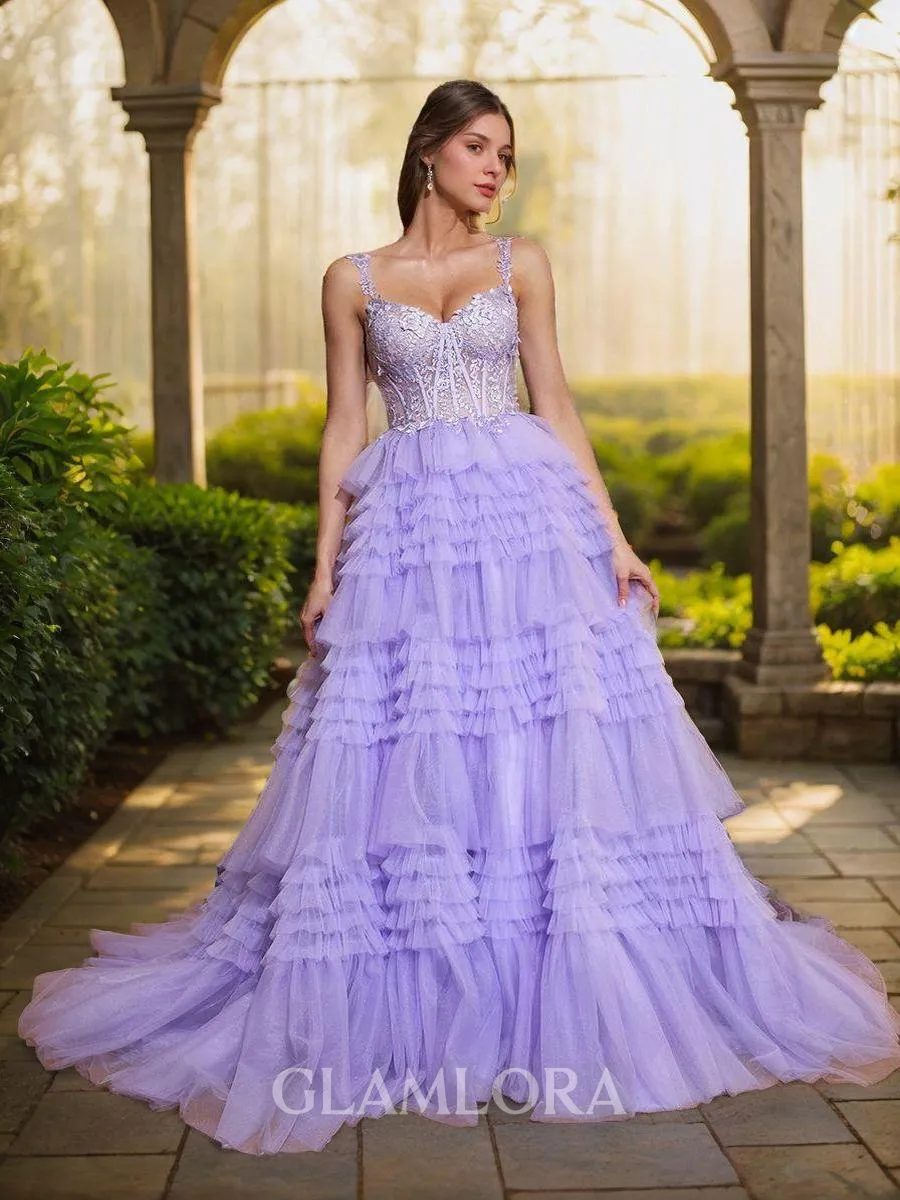 A-line Elegant V-neck Court Train Tulle Corset Dress With Appliques Lace