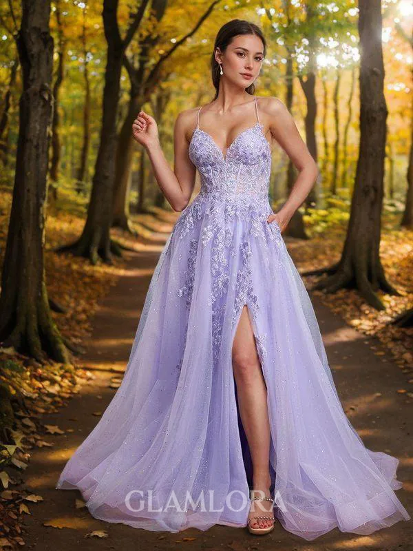 A-line Fashion V-neck Sweep Train Corset Dress With Slit