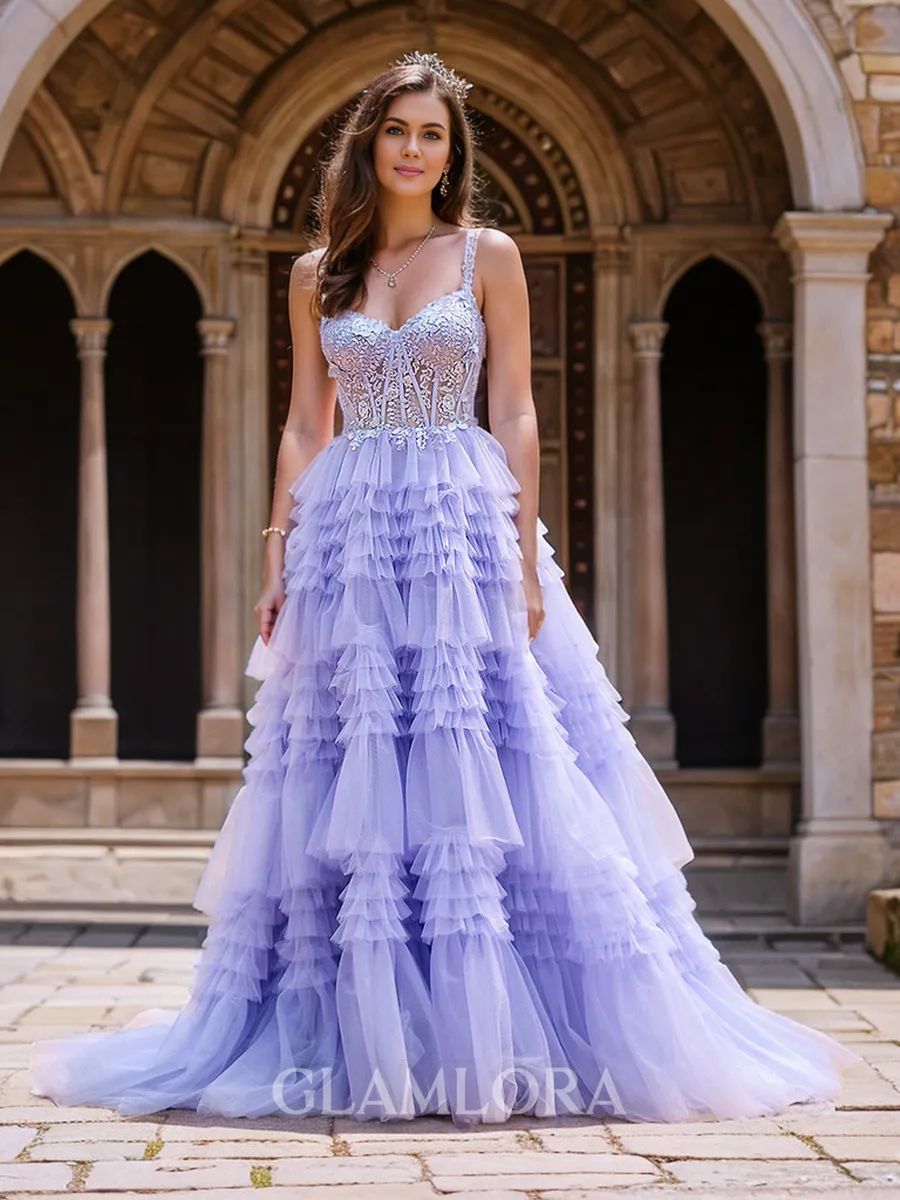 A-line Unique V-neck Court Train Tulle Corset Dress With Appliques Lace