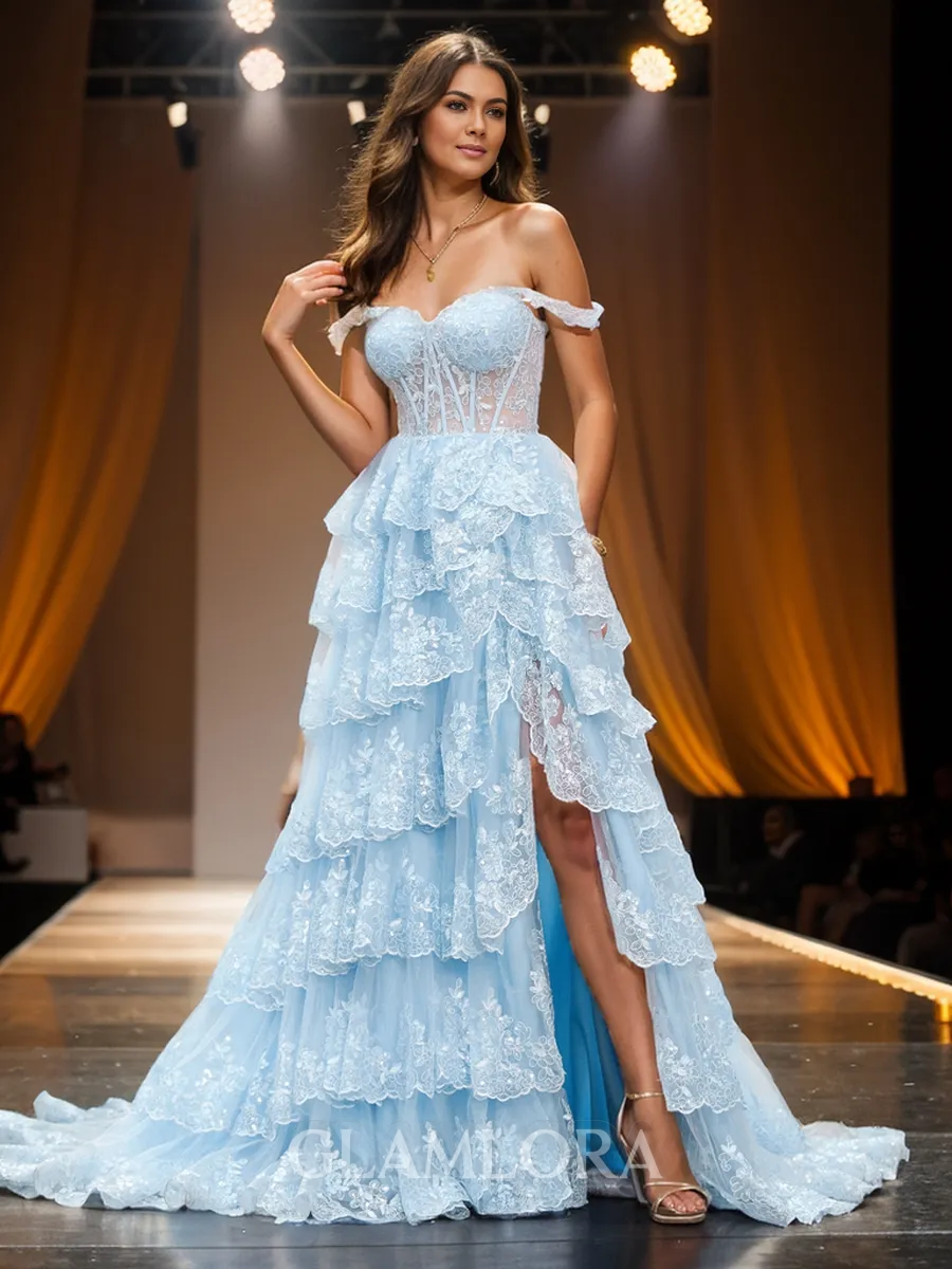Fashion A-line Off-the-Shoulder Court Train Tulle Corset Dress With Slit