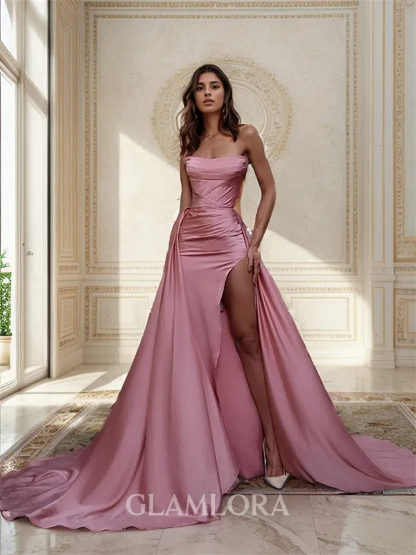 A-Line/Princess Fashion Strapless Court Train Silk like Satin Dress With Slit