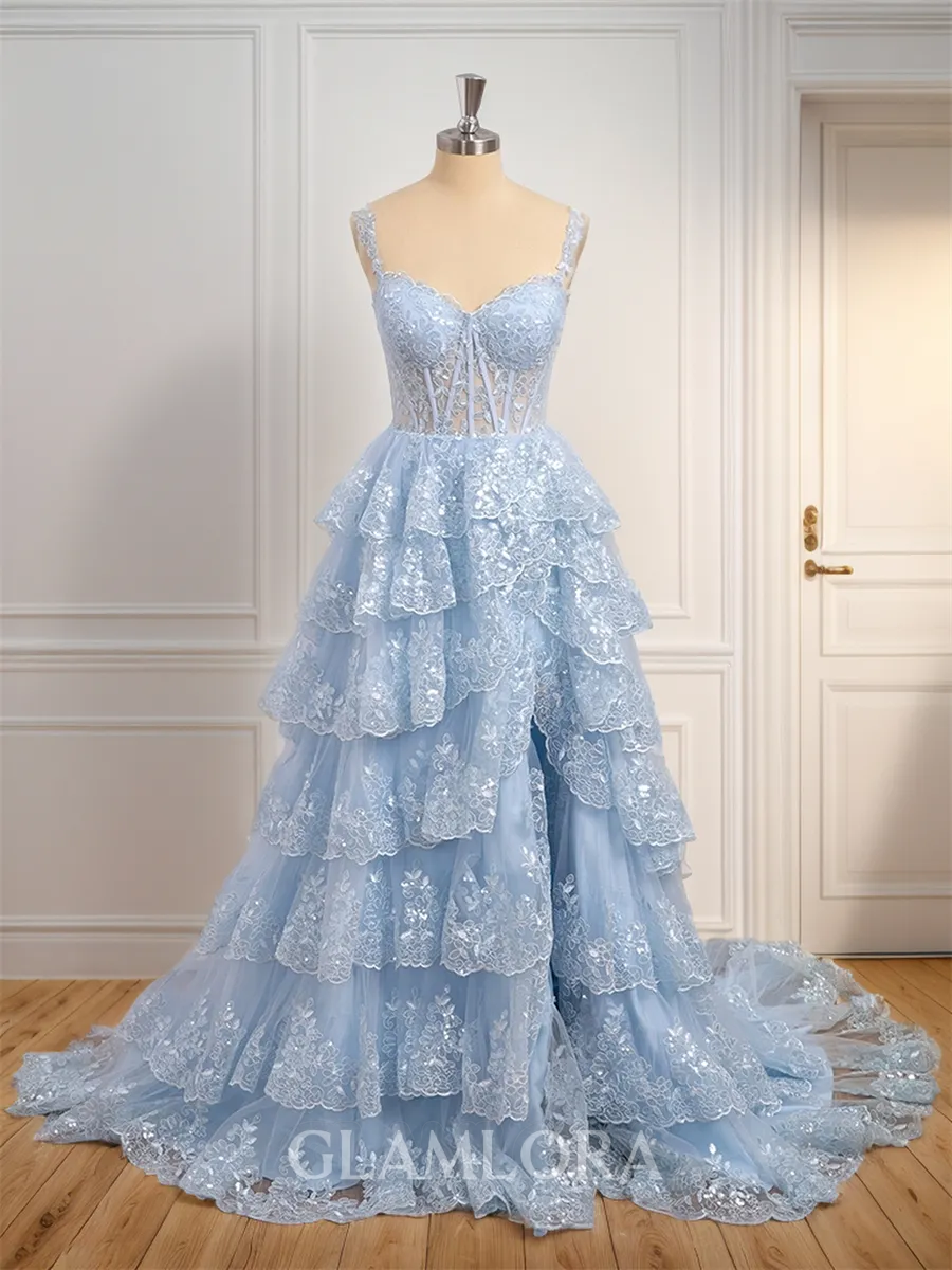 A-line Dreamy Off-the-Shoulder Court Train Tulle Corset Dress With Slit