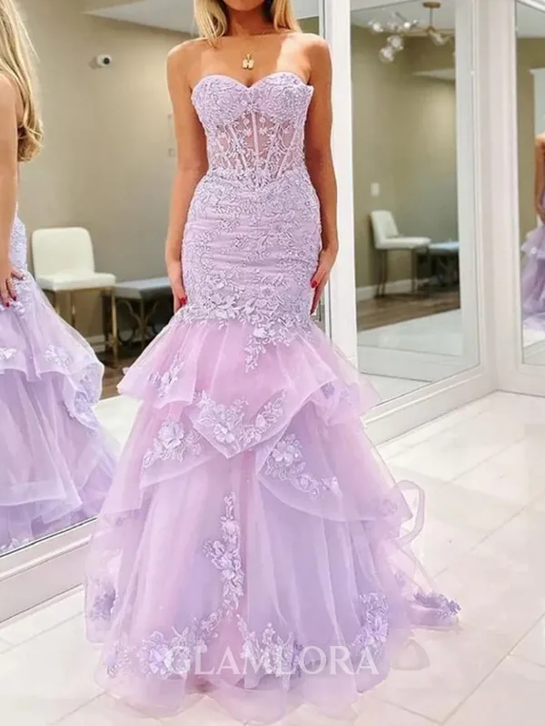 Elegant Mermaid Sweetheart Appliques Lace Sweep Train Tulle Corset Dress