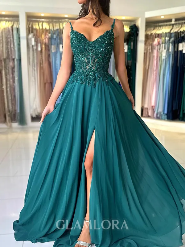 Fashion-forward A-line V-Neck Appliques Lace Sweep Train Chiffon Corset Dress