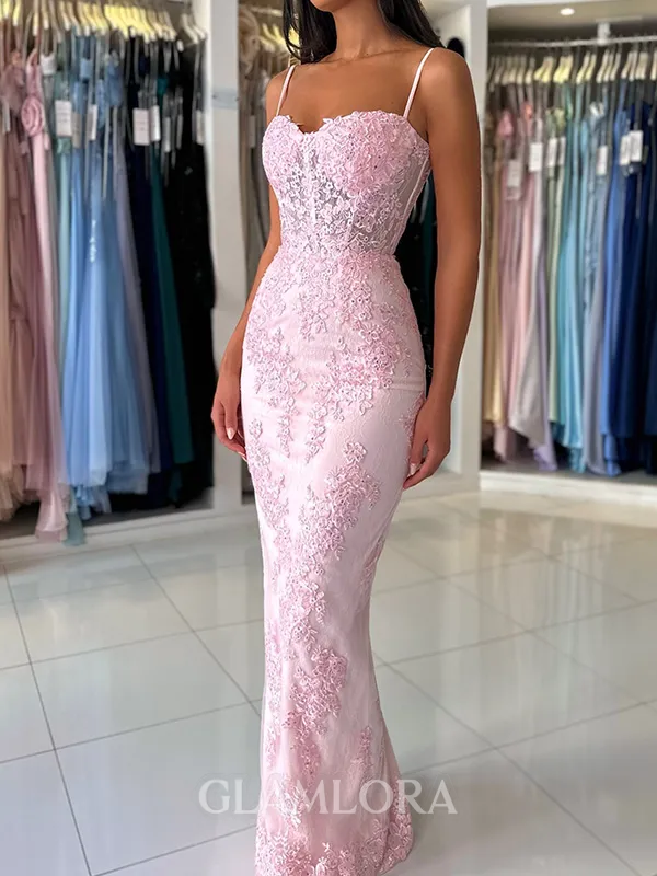 Stunning Sheath Spaghetti Straps Appliques Lace Floor-Length Tulle Corset Dress