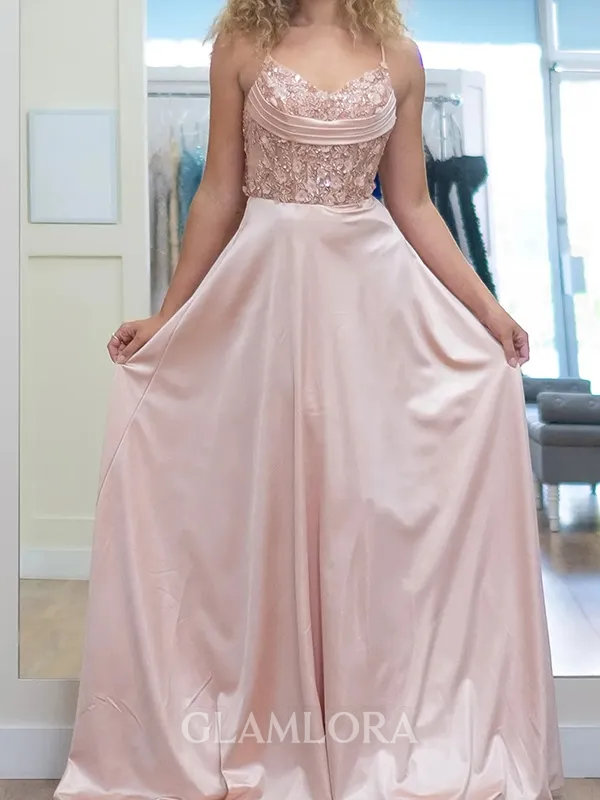 Fashion A-line V-Neck Appliques Lace Sweep Train Silk Like Satin Corset Dress